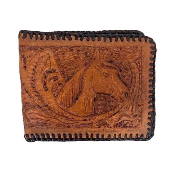 Vintage Tooled Leather Folding Wallet Billfold - Picture 3 of 4
